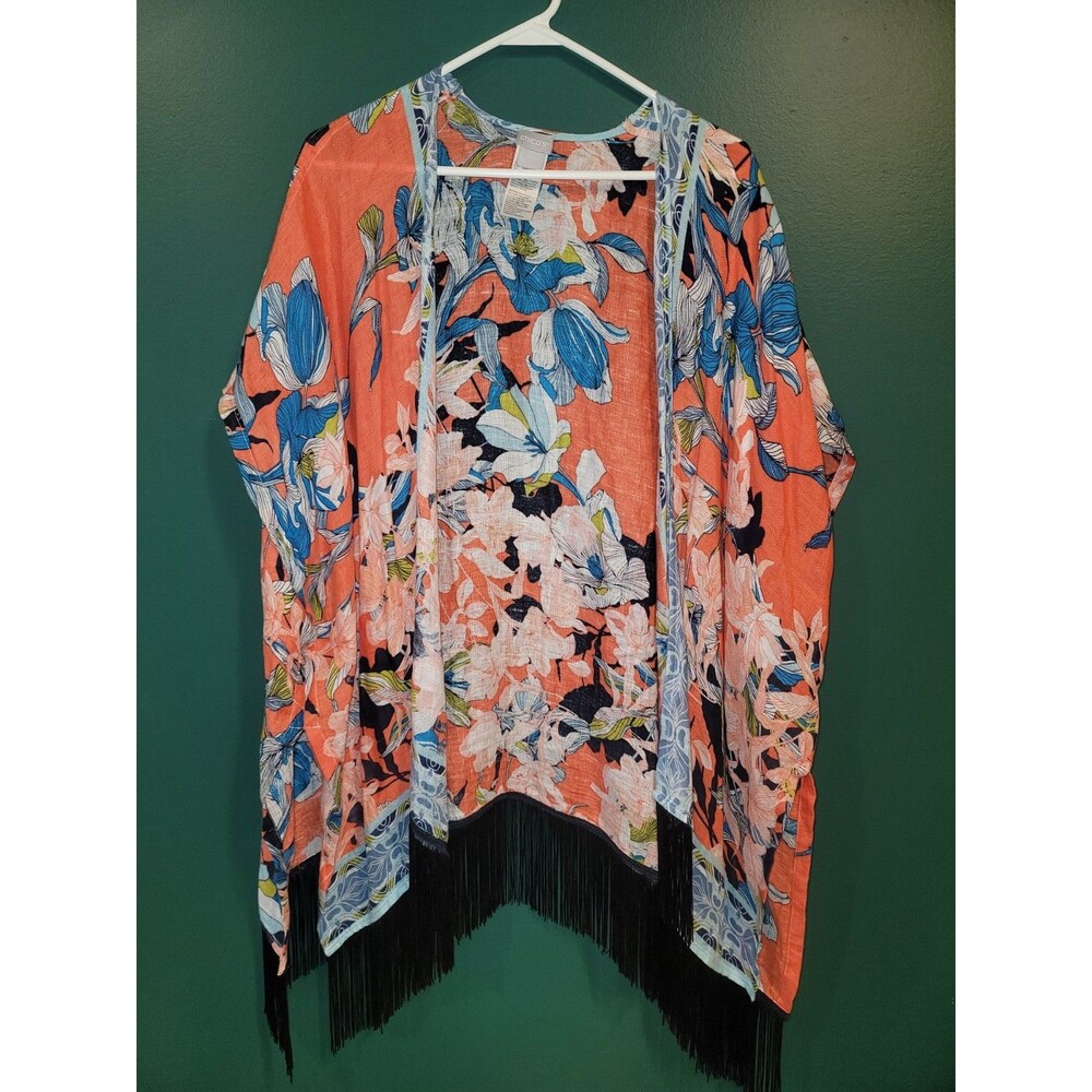 Chicos 100% Linen Womens Orange Blue Floral Kimono Duster With Fringe Sz S/M